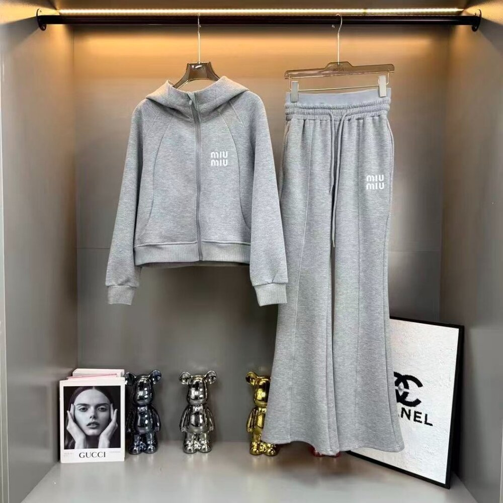 Miu Miu Grey Hoodie + Flared Pants Casual Set